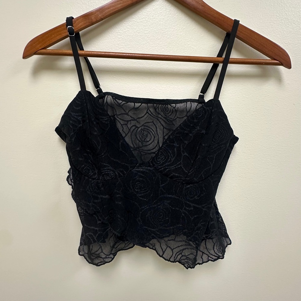 Black Floral Rose Lace Camisole Top Adjustable Straps Sheer Mesh Crop V-Neck